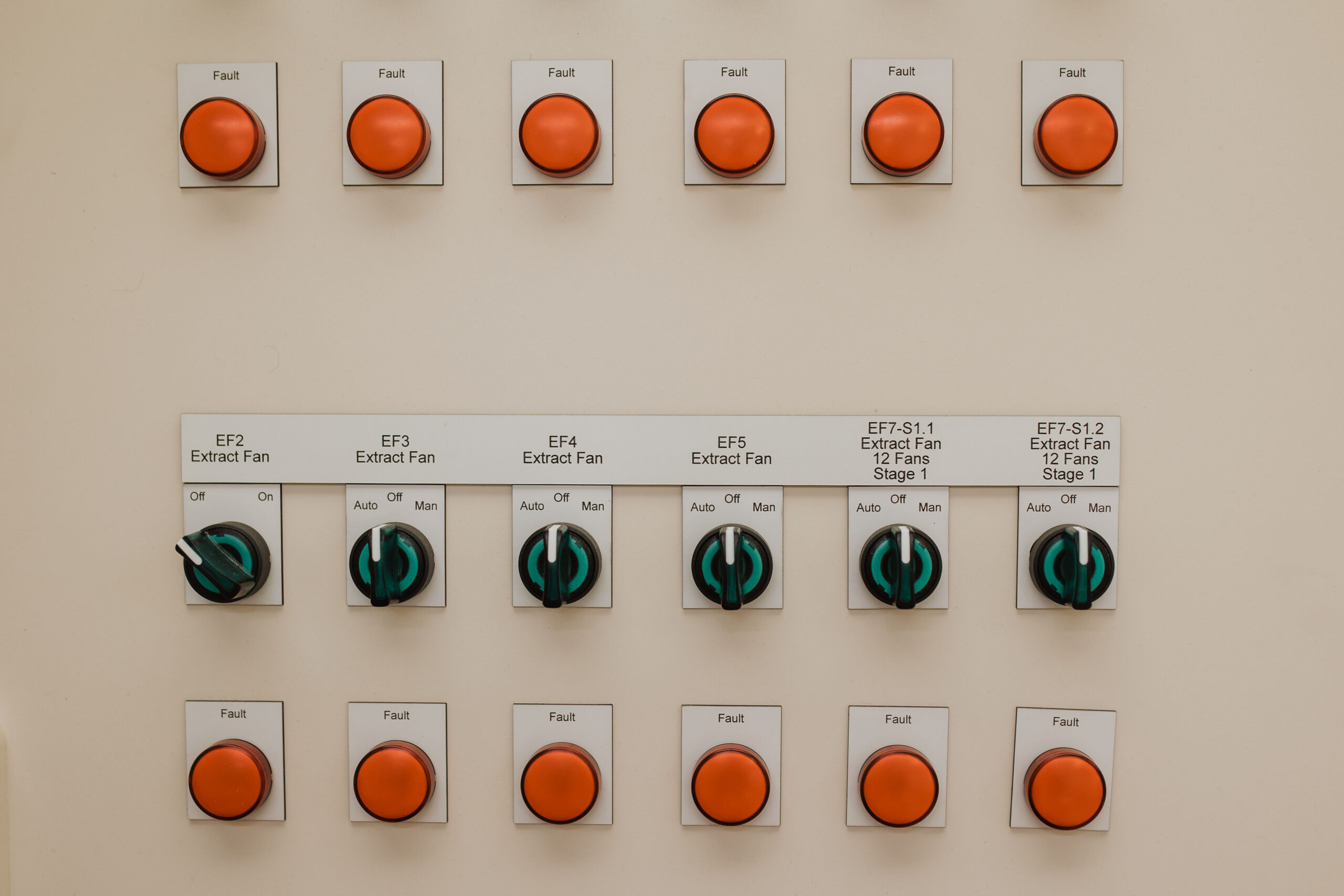 Switchboard control panel with fault indicator lights and extract fan selector switches built by Clive Wilson Switchboards Invercargill
