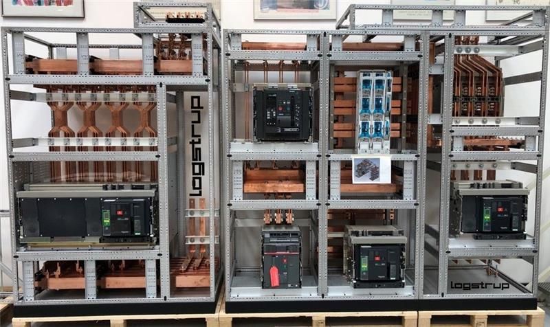 Logstrup modular switchboard framework with copper busbars and Schneider breakers, built by Clive Wilson Switchboards