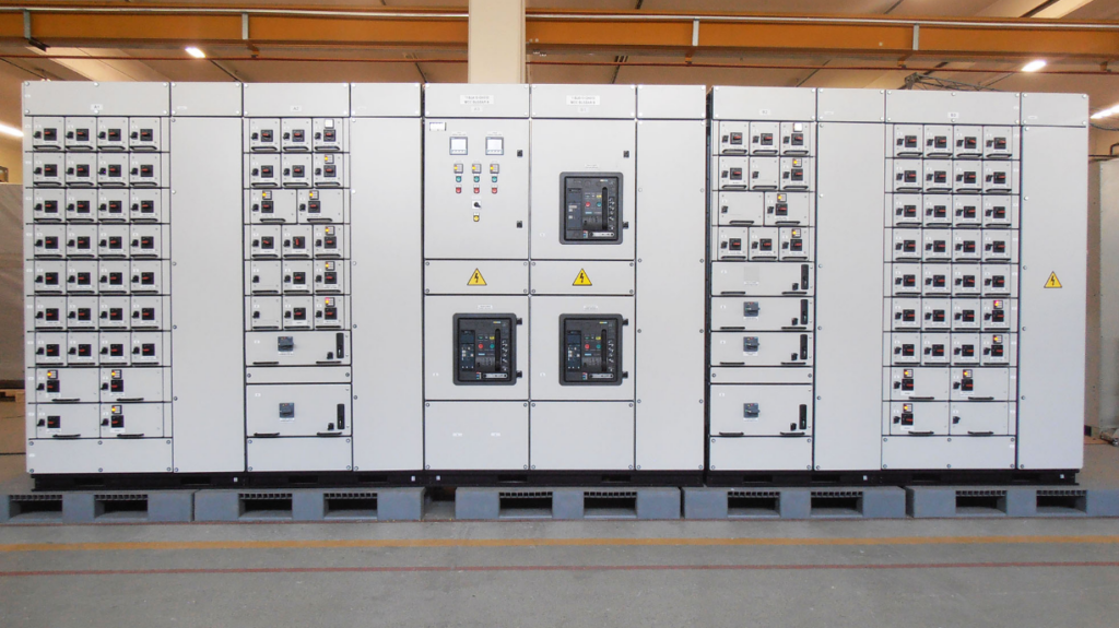 Full elevation of a Logstrup motor control centre built by Clive Wilson Switchboards, showing the modular cubicle density across multiple sections