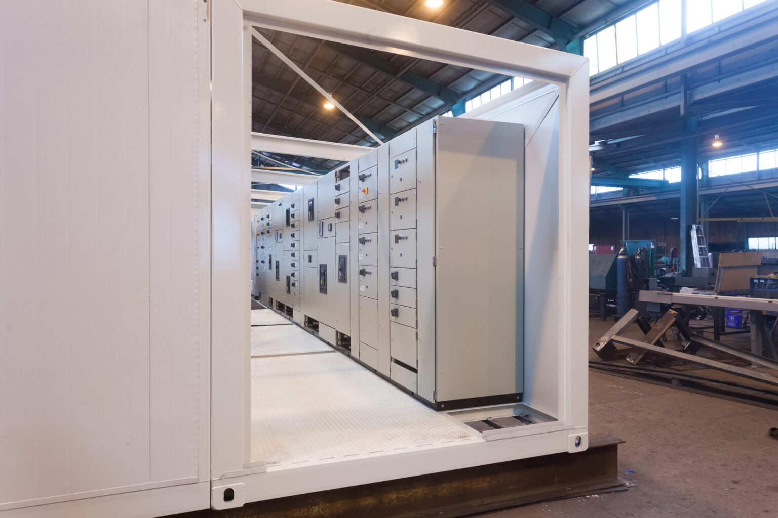 Prefabricated switchroom module under construction with switchboards installed at Clive Wilson Switchboards, Invercargill NZ